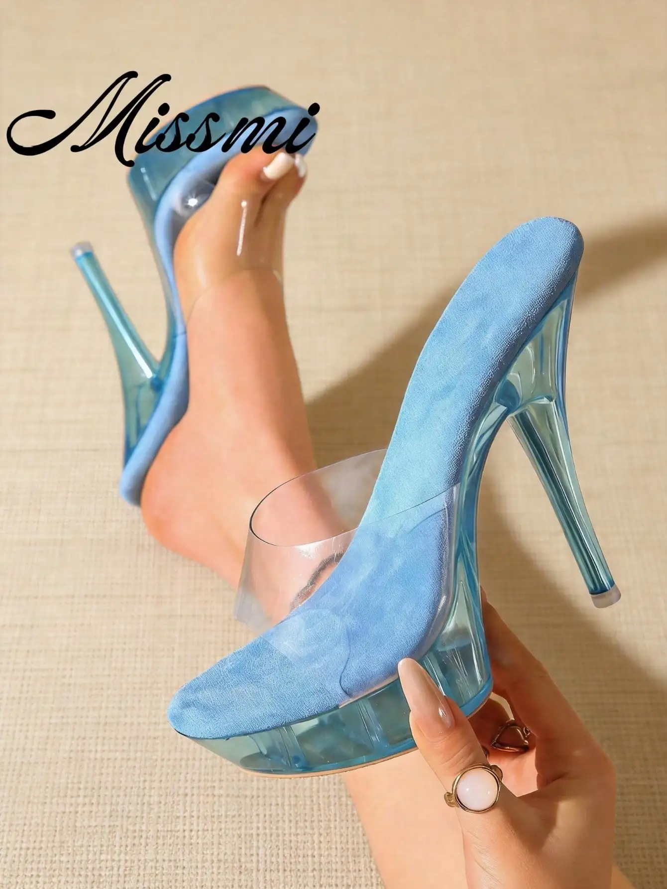 

Sexy Transparent Crystal Thick Heel Slide Sandals, Women's Summer New Nightclub Stage Show High Heels,Platform Heels