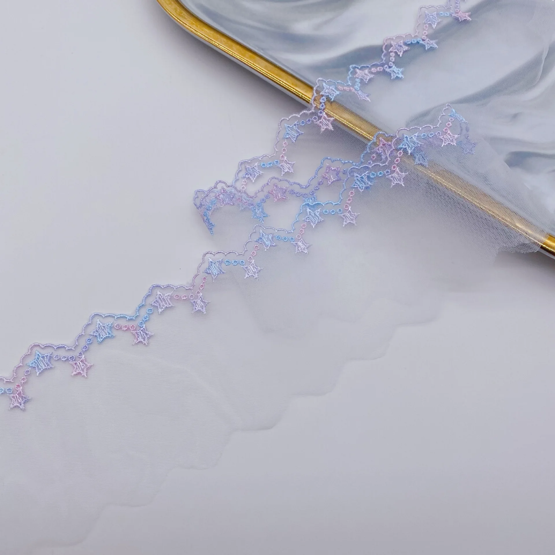 3Yards Mesh Colorful Star Lace Fabric DIY Embroidery Ribbon Dress Collar Hats Headwear Sewing Trimming DecorGarment Accessories