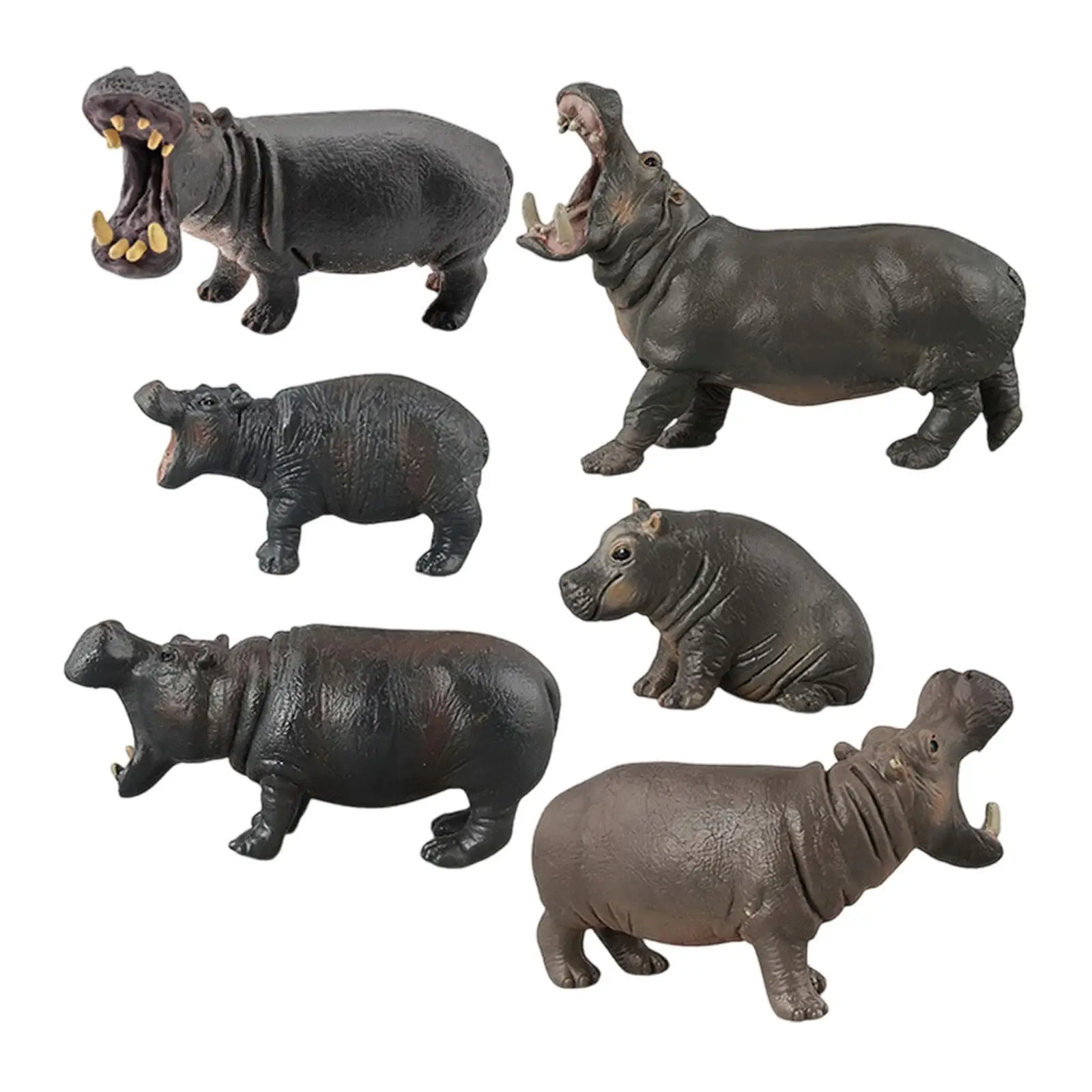 6x Hippo Figurki Zwierzęta Zabawki Figurka Ręcznie Malowana Zabawka Realistyczny Solidny Hipopotam Model Statuetka dla Dzieci Przedszkole Prezent Urodzinowy