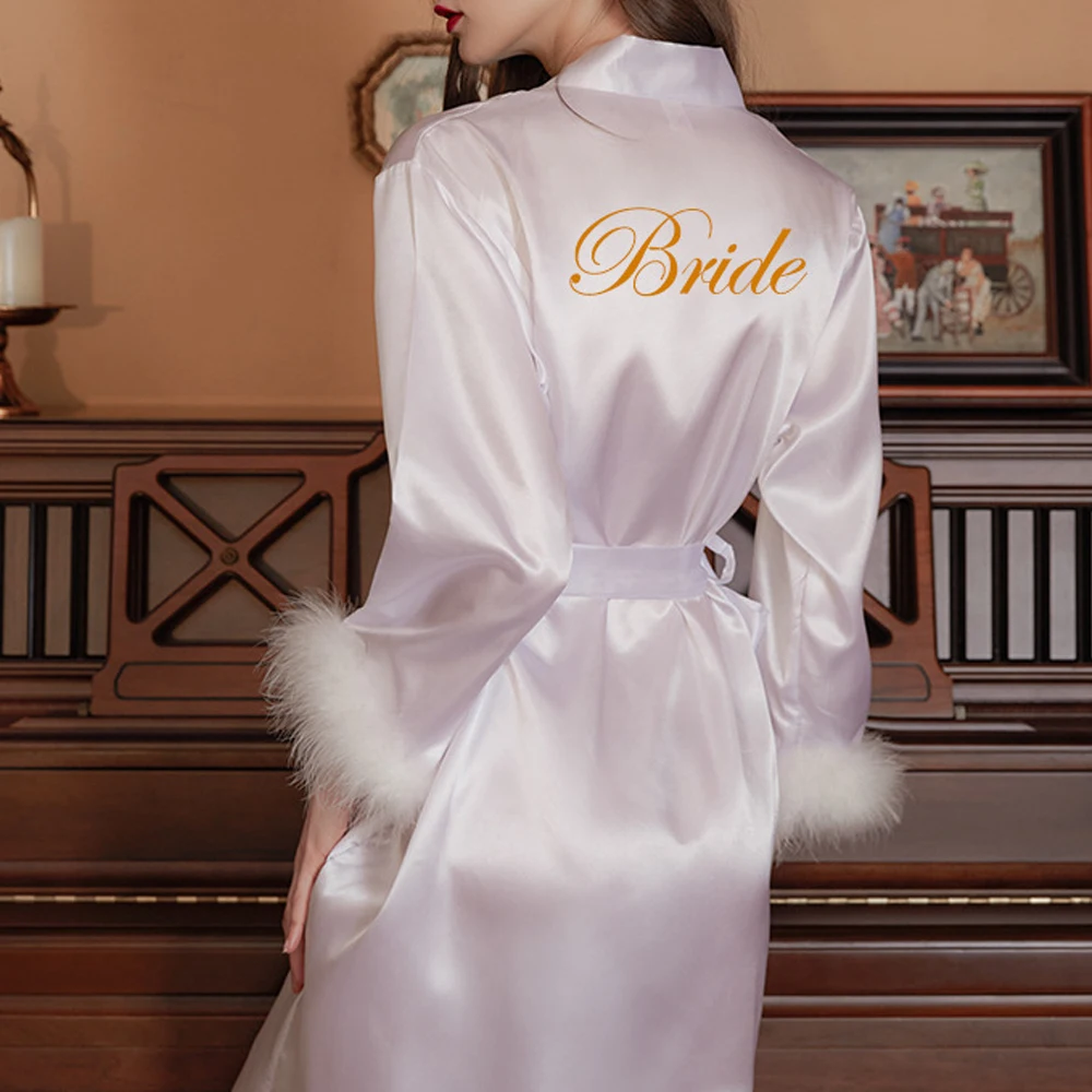 Kimono Bride Bridesmaid Robe Wedding Bathrobe Gown Feather Loungewear Women's Embroidery Letter Sleepwear Short Satin Nightgown