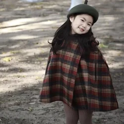 Kids Coat Winter Clothes for Girls Baby Girls Woolen Cloak Toddler Girl Kawaii Red Plaid Cape Cotton Thickening Hooded Cape