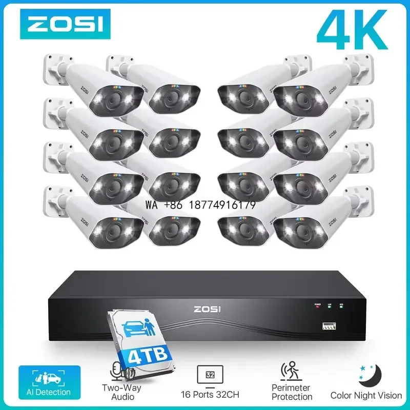 wmwmnu ZOSI 32CH 4K PoE Security System 4TB Face/Person/Vehicle Detect 16 Port 32CH CCTV NVR Dual-Disk 8MP