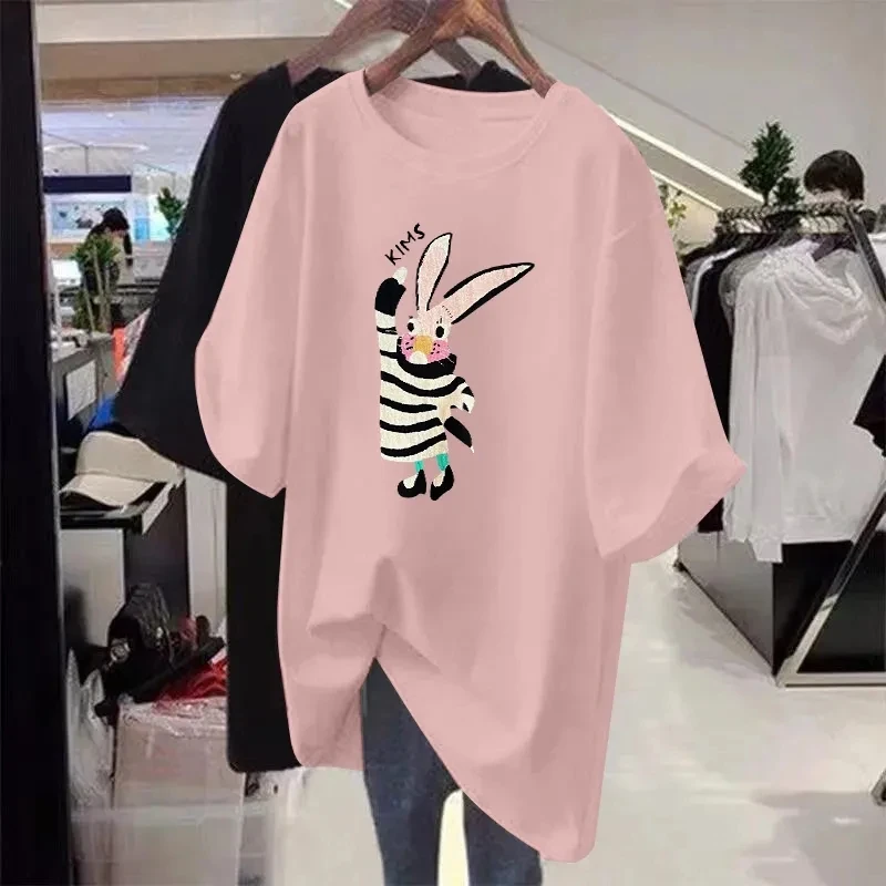 Large Size 6XL 150kg Summer  Cartoon T Shirts Women Short Sleeve streetwear O Neck Big Tshirts