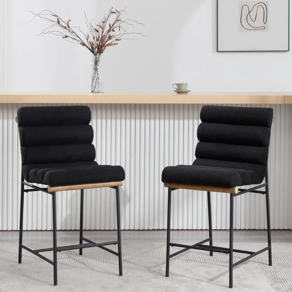 Modern Black Linen Counter Stools Set of 2, 25 Seat Height Upholstered Counter Height Bar Stools with Tufted Back&Cushion