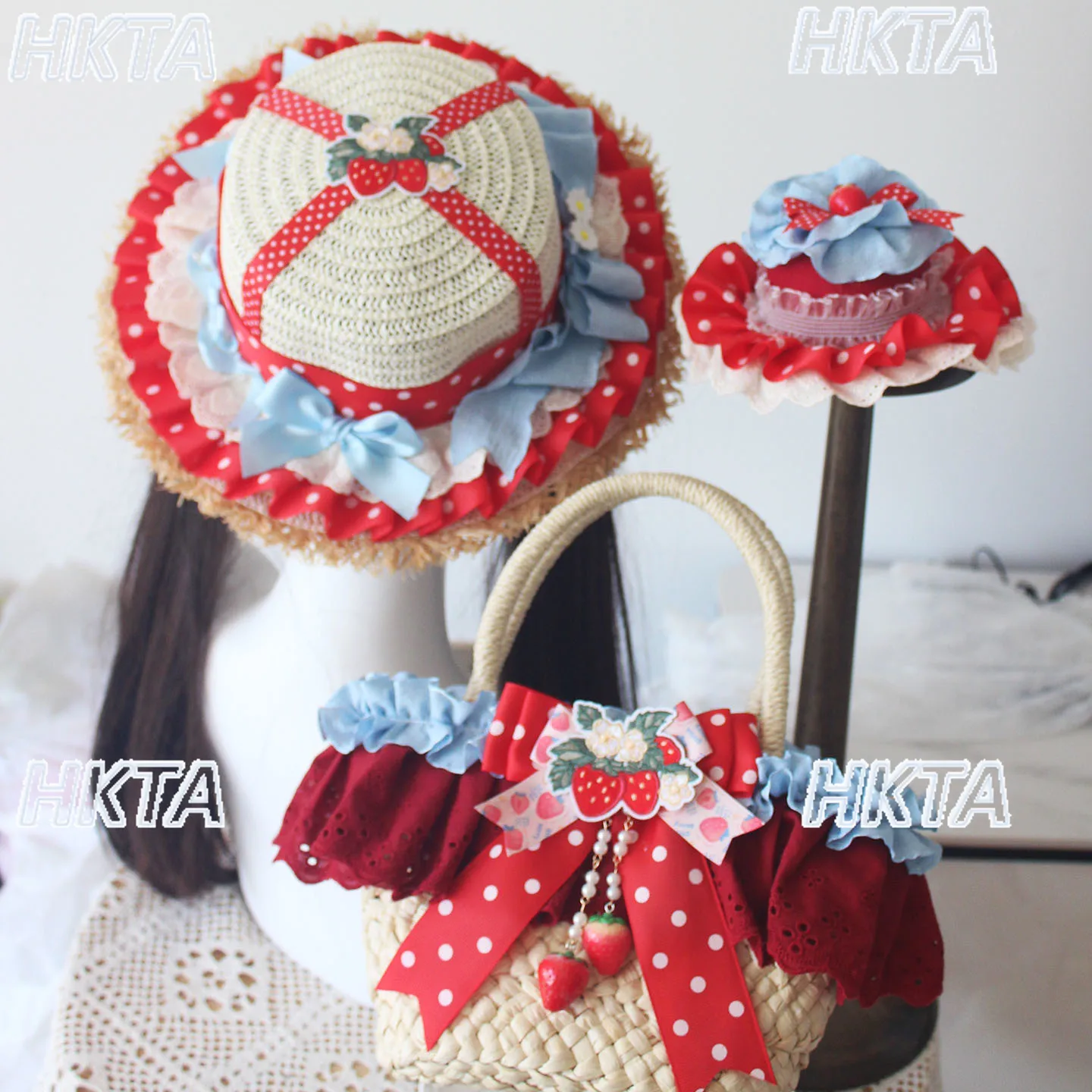 

Sweet Cute Polka Dot Pleated Bow Lolita Hat Small Hair Accessories Girls Summer Pastoral Knitting Top Hats Messenger Bags Women
