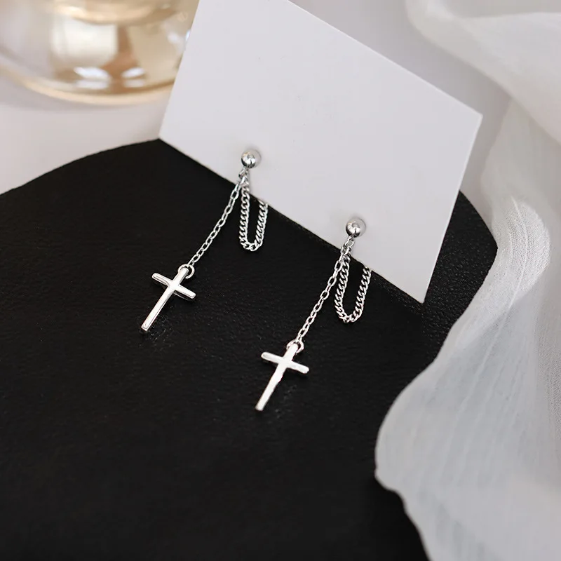 

Pure Silver Stud Earrings Fashionable Cross Pendant New Design Elegant Chain Style Korean Version Ear Ornaments for Women