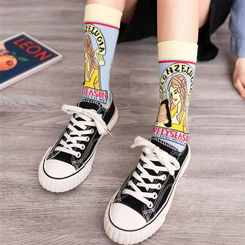 5Pairs Women Socks With Print Cartoon Cotton Comfortable Socks For Ladies Middle Tube Socks