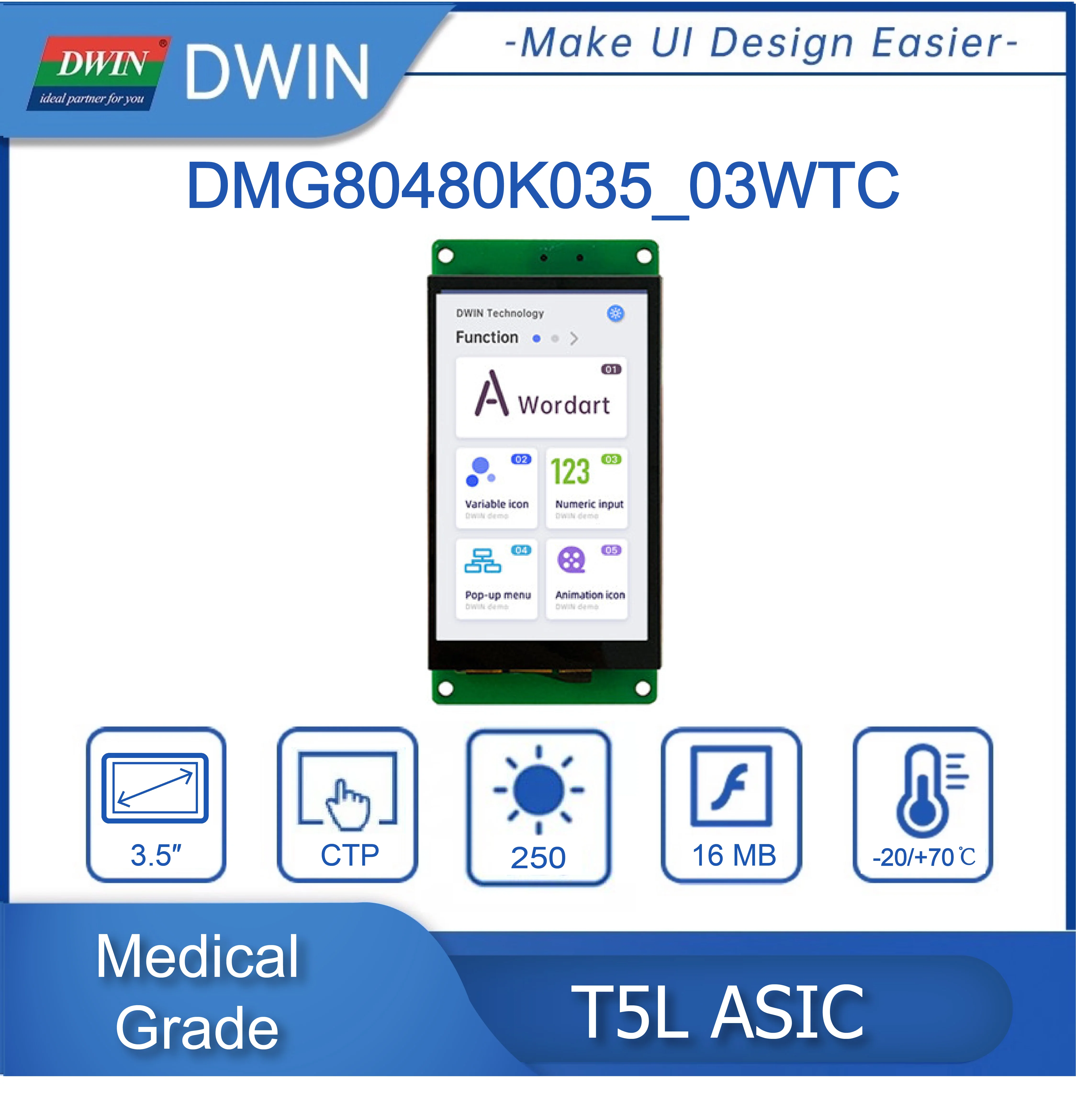 DWIN 3.5 Inch 480*800 Pixels Resolution 262K Colors, IPS-TFT-LCD Wide Viewing Angle DMG80480K035_03W