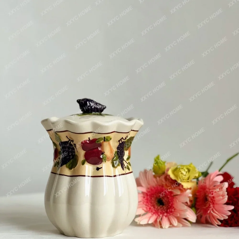 

Heavy Industry Pure Hand Drawing Relief Fruit Ceramic Pot Snack Jar