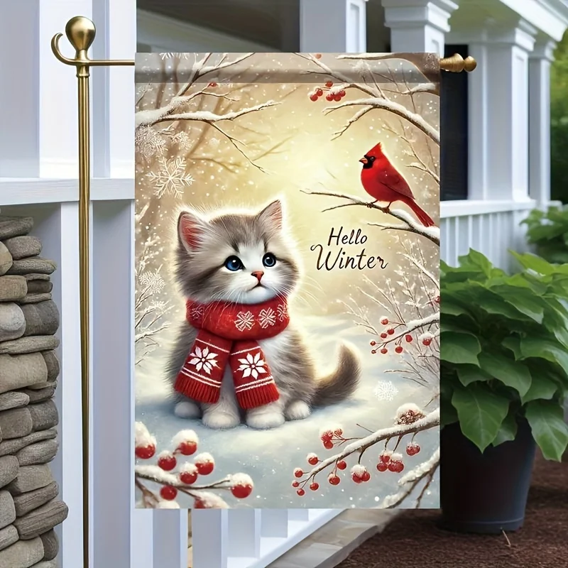 Greetings to Winter Cats And Cardinals with This 18X12 Inch Garden Flag, Featuring Double-Sided Outdoor Decoration for The Holiday Season And Your Yard (Flagpole Not Included)