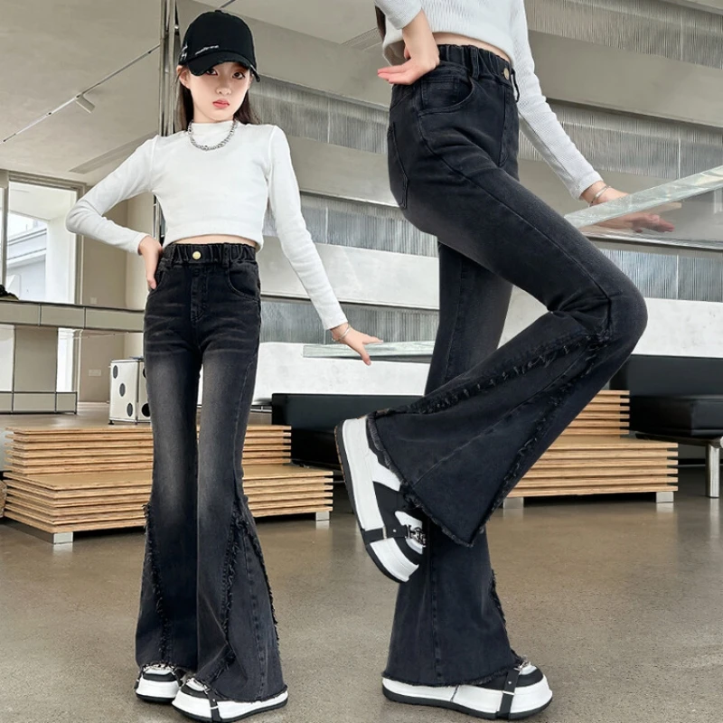 

Girls' Flared Denim Pants - Elegant Flared Pants, Big Girl Elastic Denim Pants for Autumn, Children's Slim-fit Long Pants, Trend