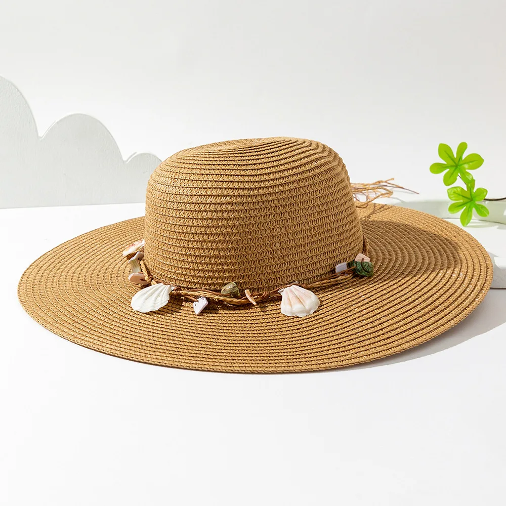 New Round Top Wide Brim Straw Hat Shell Decor Sun Protection Beach Cap Women