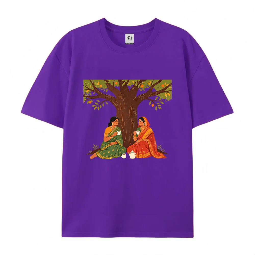 Women T Shirt Indian Culture Print Two Women Drinking Tea Under Tree Vintage Oversized Short Sleeve Cotton Top Loose Graphic Tee
