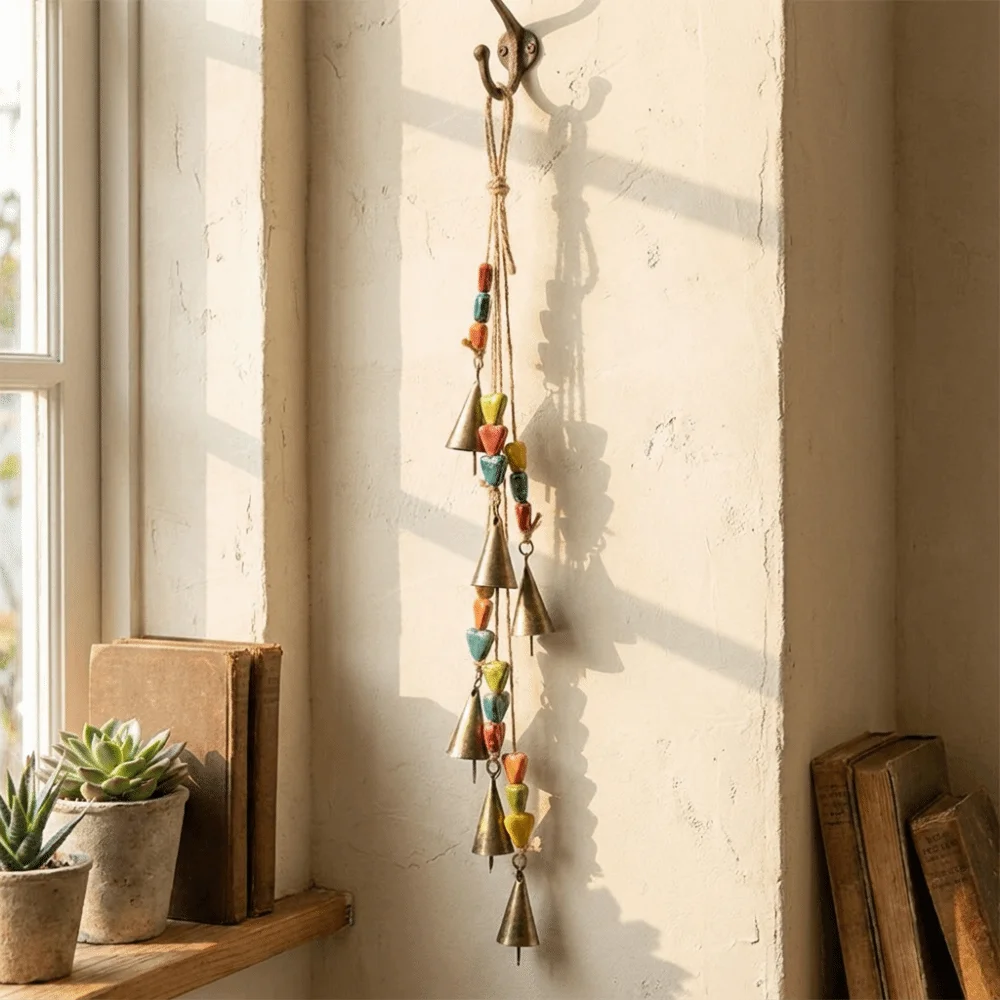 Decorative Vintage Bohemia Wind Chime Handmade Multicolored Hanging Pendant Triangular Ceramic Bead Witch Bells Wall Decor