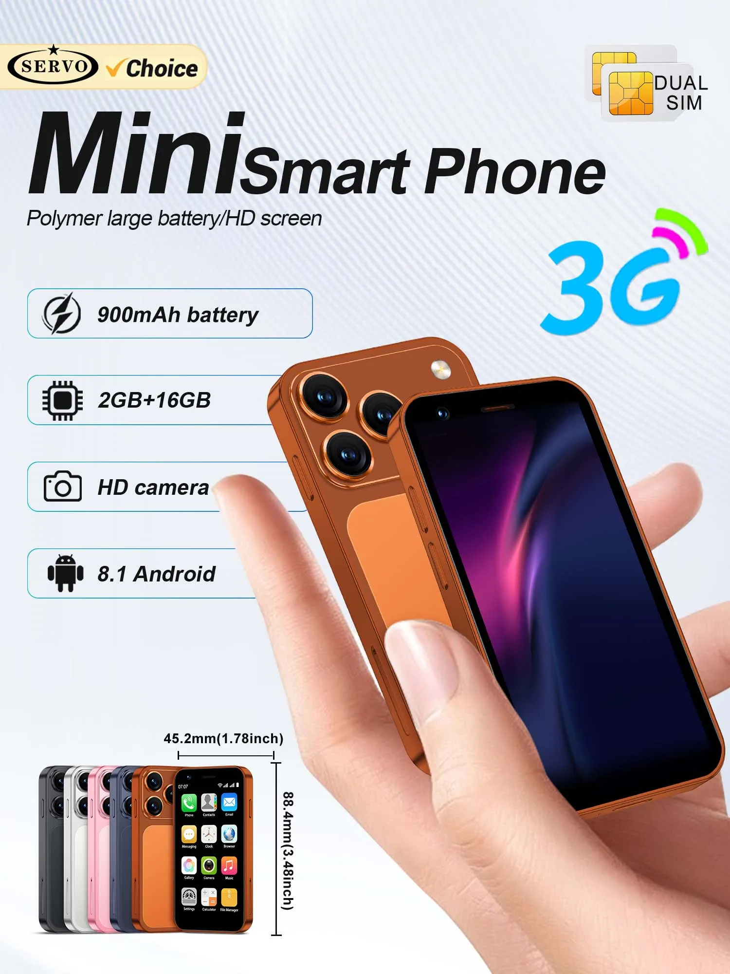 SERVO 18SE MINI 3G WCDMA Kleines Smartphone Dual-SIM-Karte Android RAM 2GB ROM 16GB Play Store WLAN-Hotspot GPS Gesichtserkennung Kamera 3,0-Zoll-Taschenlampe Typ-C Smartphones