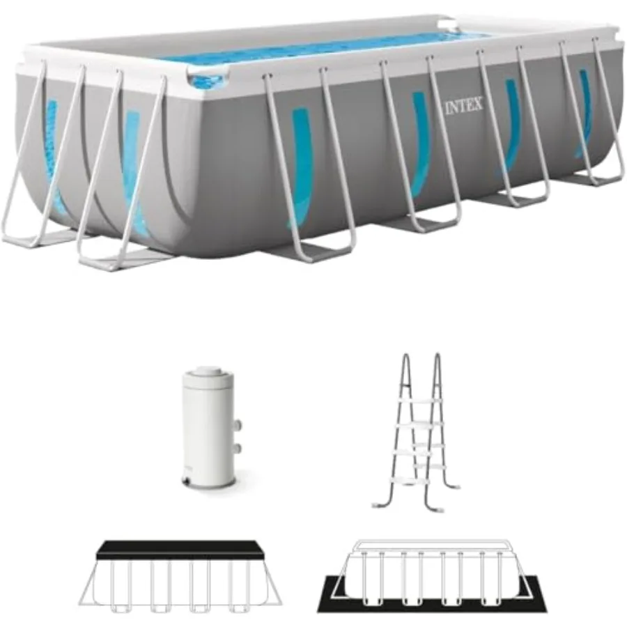 Above ground swimming pool set for backyard use, PVC and polyester material, blue color, includes filter pump and cover for eas