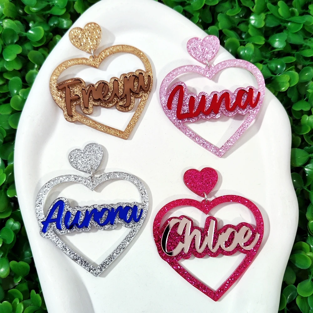 

KUGUYS 1 Pair Customized Name Glitter Acrylic Heart Earrings Personalized Custom Letters Women Jewerly Birthday Graduation Gifts