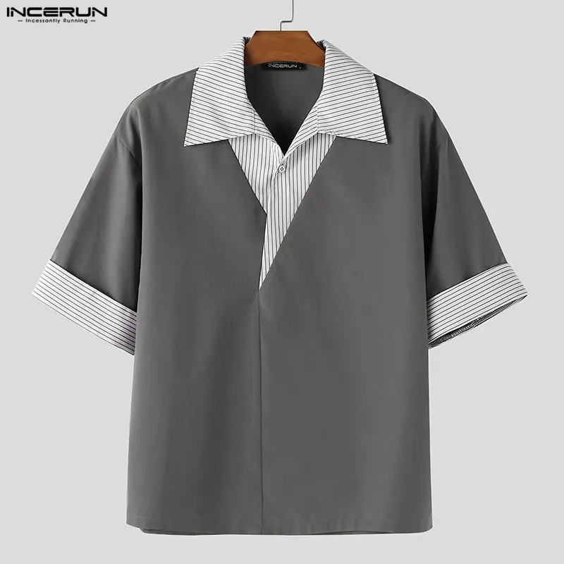 

Мужская рубашка INCERUN в полоску, с лацканами, с коротким рукавом, повседневная мужская одежда, летняя уличная одежда, свободные модные топы в корейском стиле для мужчин