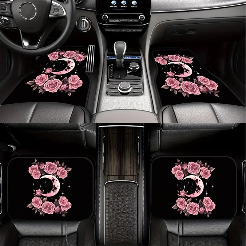 4Pcs Pink Rose Moon Black Car Floor Mats Gothic Floral Style Anti-slip Waterproof Foot Liners Auto Interior Accessories Suit SUV view 5