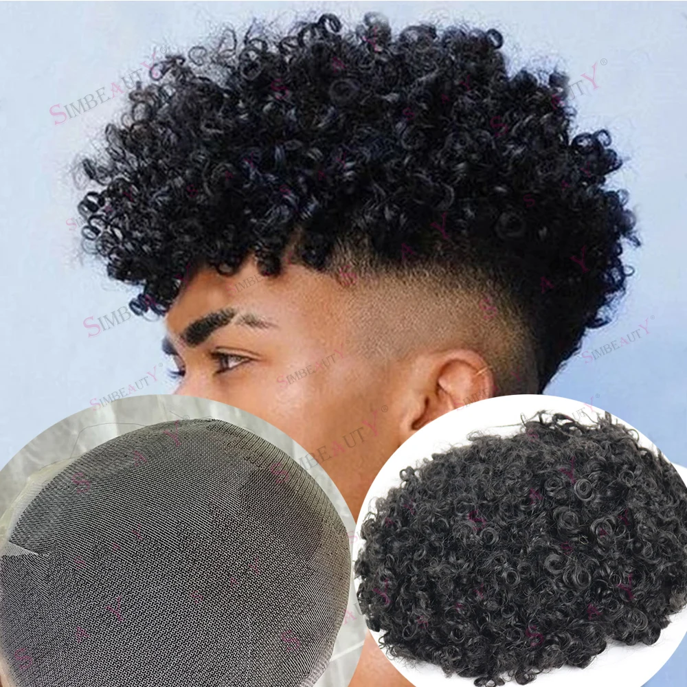 12mm Afro Kinky Curly Breathable Full Lace Natural Hairline Mens Toupee Black 100% Human Hair Wig Bleached Knots Male Prosthesis