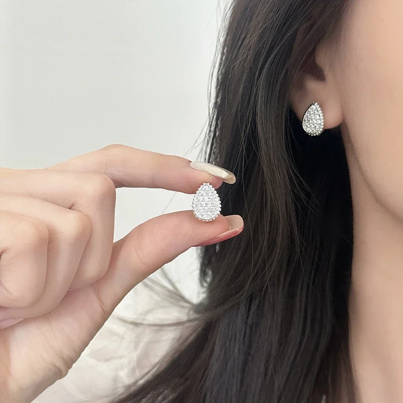 リアル 925 スターリングシルバー 14 18K ゴールドジルコンウォータードロップフープイヤリング女性のためのクラシックファインジュエリーミニマリストアクセサリー