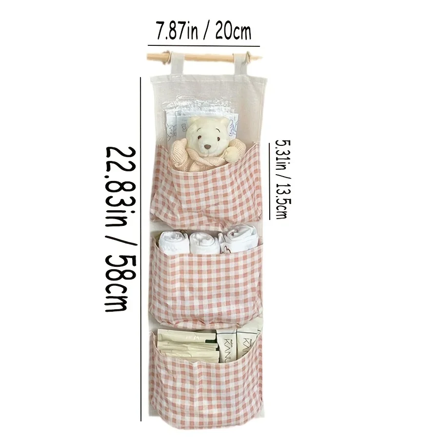 Pink Storage Bag Rack Canvas Wall Mounted Bedroom Storage Bag Multifunctional for Books, Jewelry, and Miscellaneous Items