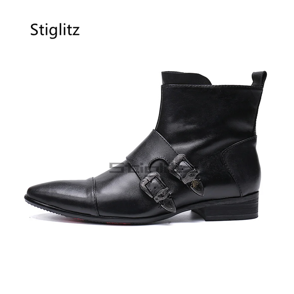 Men's Double Metal Buckle Chelsea Boots Black Genuine Leather Pointed Toe Side Zip Ankle Boots Low Block Heel Dress Male Shoes - view 2