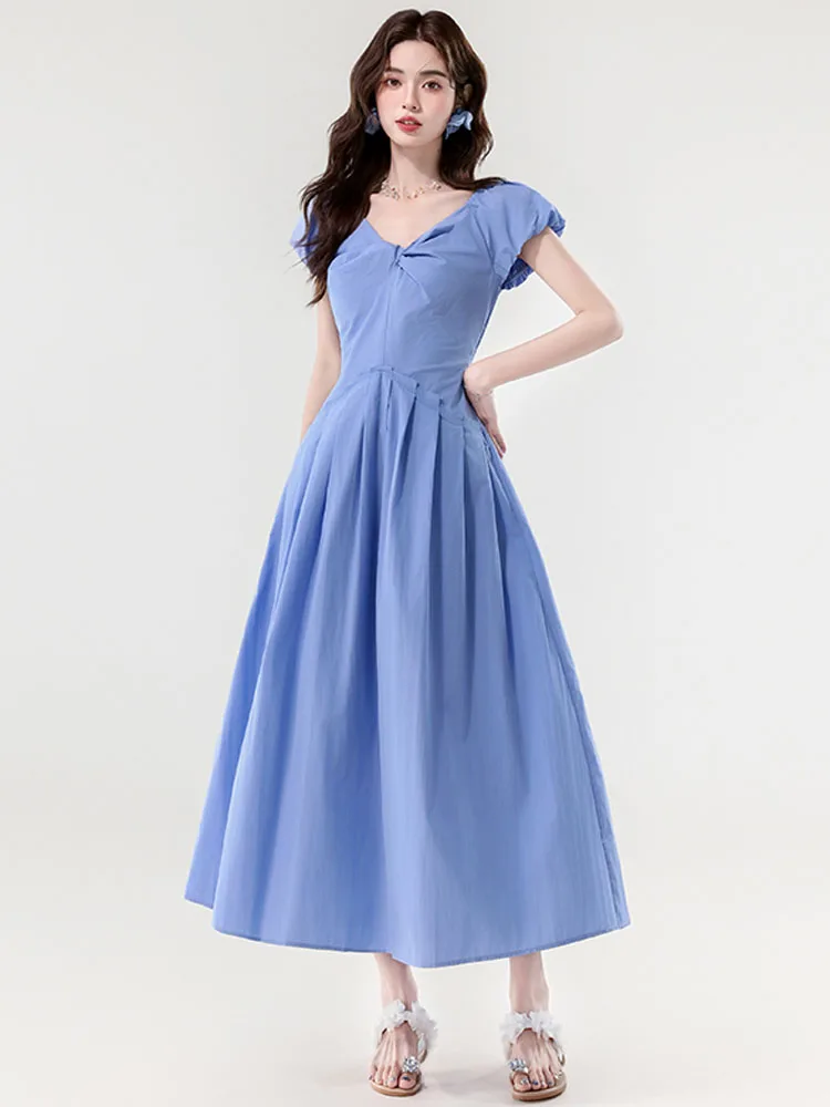 

Summer Women Party Dress Vestidos 2025 French Vintage Temperament Elegant V-Neck Short Sleeve Slim Waist Pleated Dress Robe