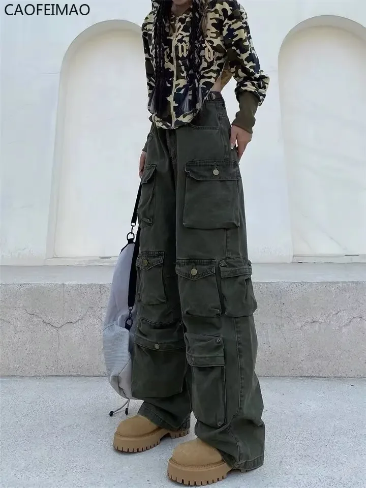 Cargo Pants Multi-Pocket Overalls Harajuku Men's Retro Loose Wide-Leg Pants Street Casual Hip-Hop Straight High Waist Mop Pants