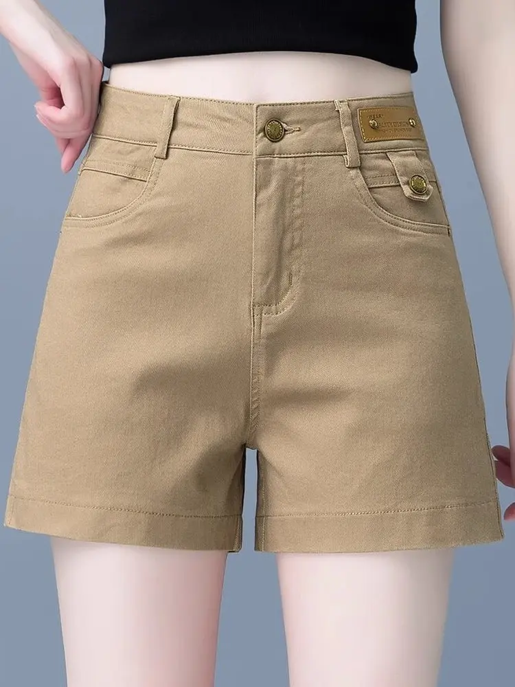 

Khaki Color Women's Summer Thin Cotton Soft Denim ort Pants Wide Leg Casual Four-Fifths Length Trousers High Waist Zipper