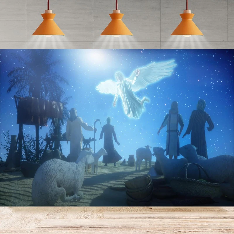 Fondo de fotografía estrella de cielo nocturno azul Navidad Ángel pastores y ovejas nacimiento de Jesús fiesta telón de fondo pancarta de pared