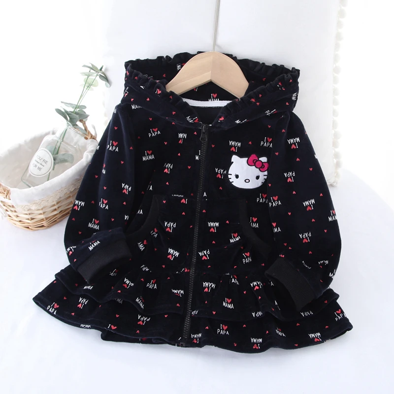 Hello Kitty Dresses Sanrios Anime New Girl Jacket Spring Autumn Model Children Hooded Zipper Shirt Female Baby Velvet Clothes