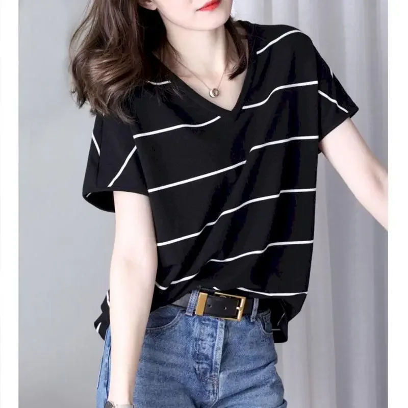 Oversized T Shirts Women Fashion V-neck Striped T-shirt Summer Loose All-match Casual Short Sleeve Tshirt Vintage Womens Clothes