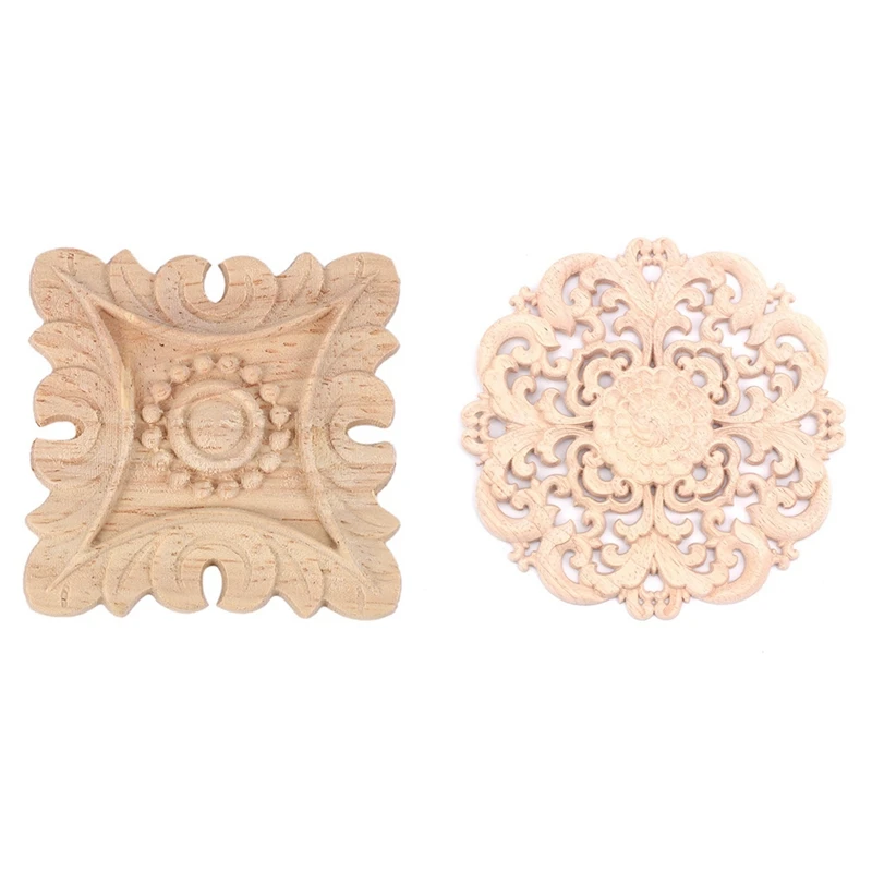 2 Pcs Wood Carved Long Applique Unpainted Flower Walls Cabinets Door Decor Wood Color 15 Cm & 6 Cm