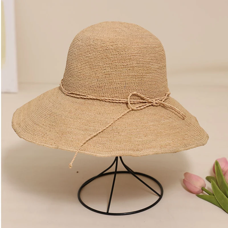 Handmade Raffia Shade Woman's Sun Hat Large Brim Foldable Straw Hat Summer Outing Seaside Beach