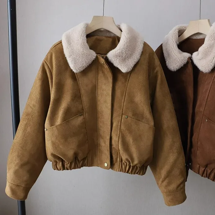 

Korean Sle Winter New Faion Anti-Aging Suede Collar Lamb Fur ort Jaet Women Casual Cotton Upper Body Thiened