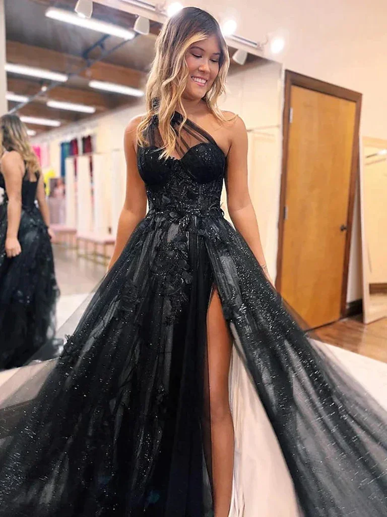 Black Sparkling Tulle A-line Prom Dress Evening Dress Sexy One Shoulder Side Split فستان سهرة Princess Party Dress for Women