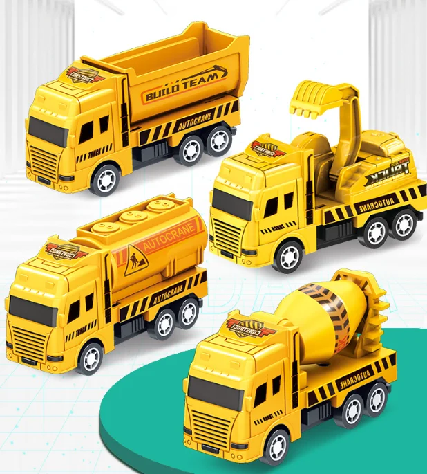 4Pcs Pull Back Friction Powered Engineering Vehicle Kit Inertia Construction Car Dump Truck Crane Toy Birthday Present Decor