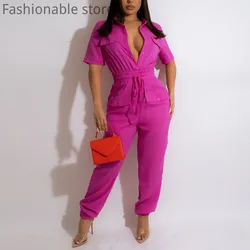 Women Casual Solid Color Short Sleeve Turn Down Collar Button Front Elastic Waist Cargo Jumpsuits