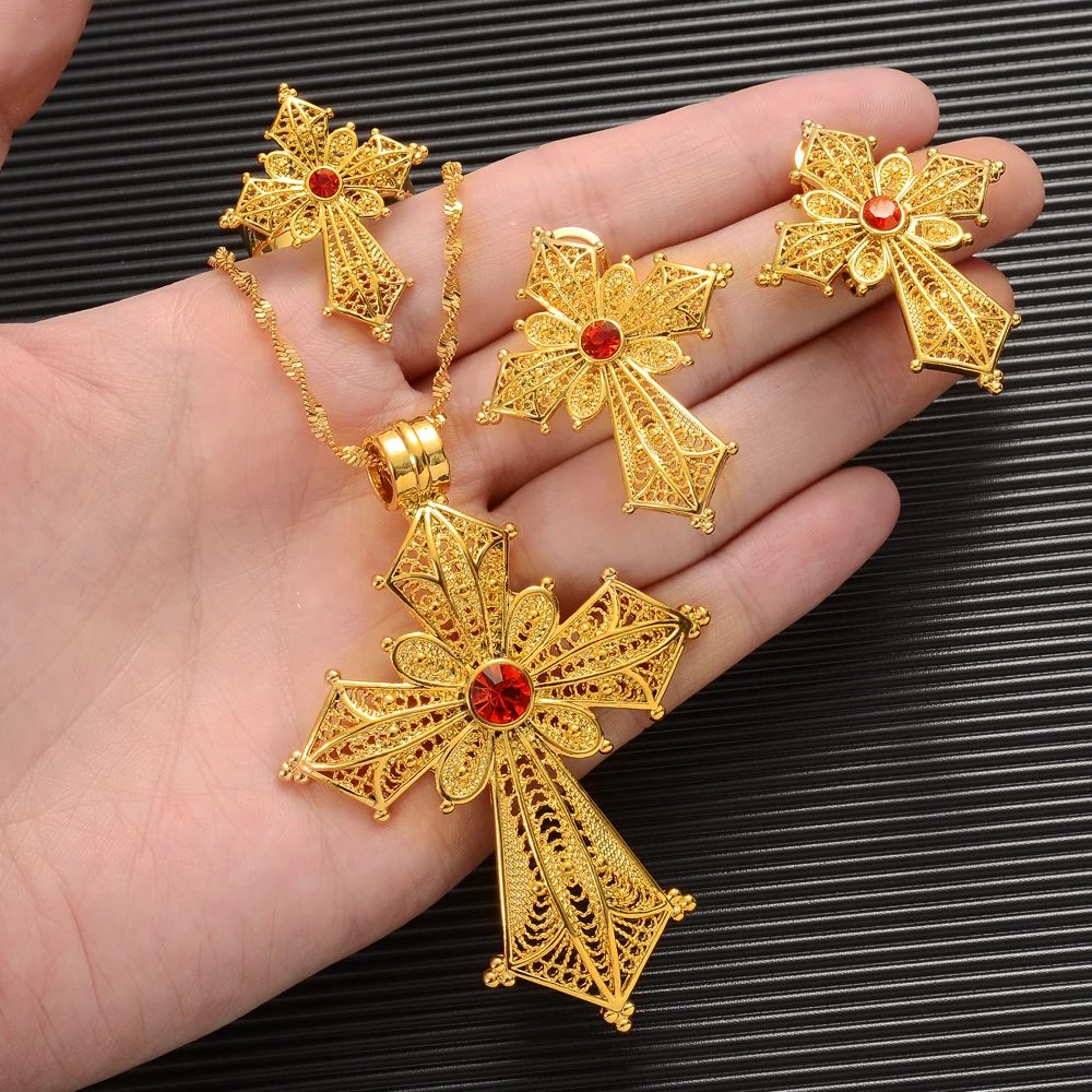 

Gold Color Ethiopian CZ Cross Jewelry Necklace Ring Earrings Nicely Eritrea Charm Sets Men Women's Wedding Party Gift