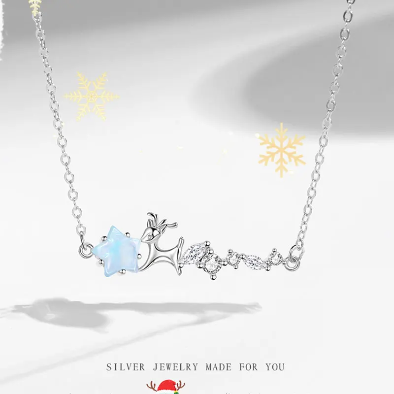 

Charming 925 Sterling Silver Christmas Reindeer Star Pendant Crystal Women Necklace Birthday Party Accessories Gifts