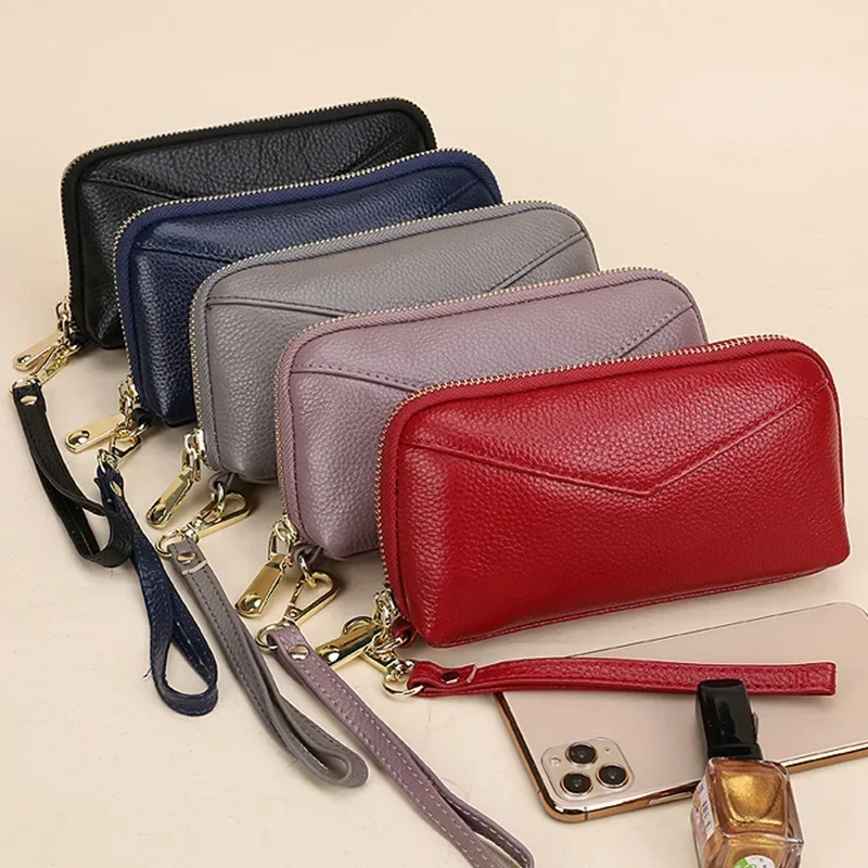 Top Layer Cowhide Zipper Phone Bag Fashion Stitching Large Capacity Ladies Clutch Bag Leather Long Wallets