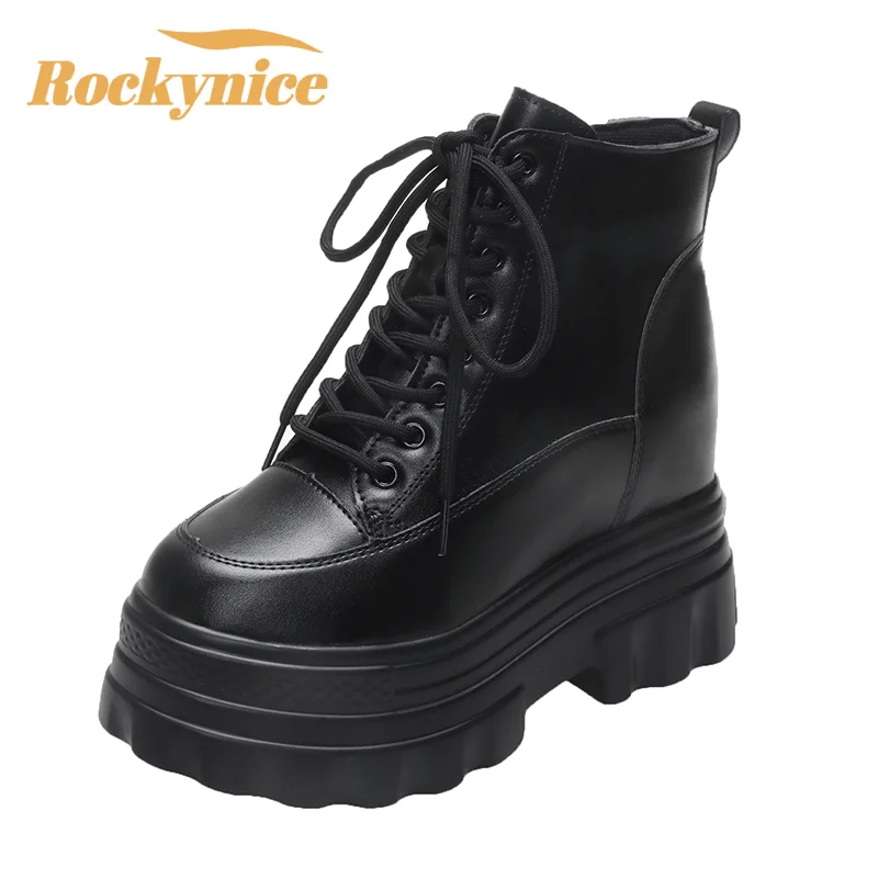 9CM High Heels Women Platform Ankle Boots New 2026 Spring Designer Leather Motorcycle Shoes Zip Chunky Punk Boots Mujer Botas