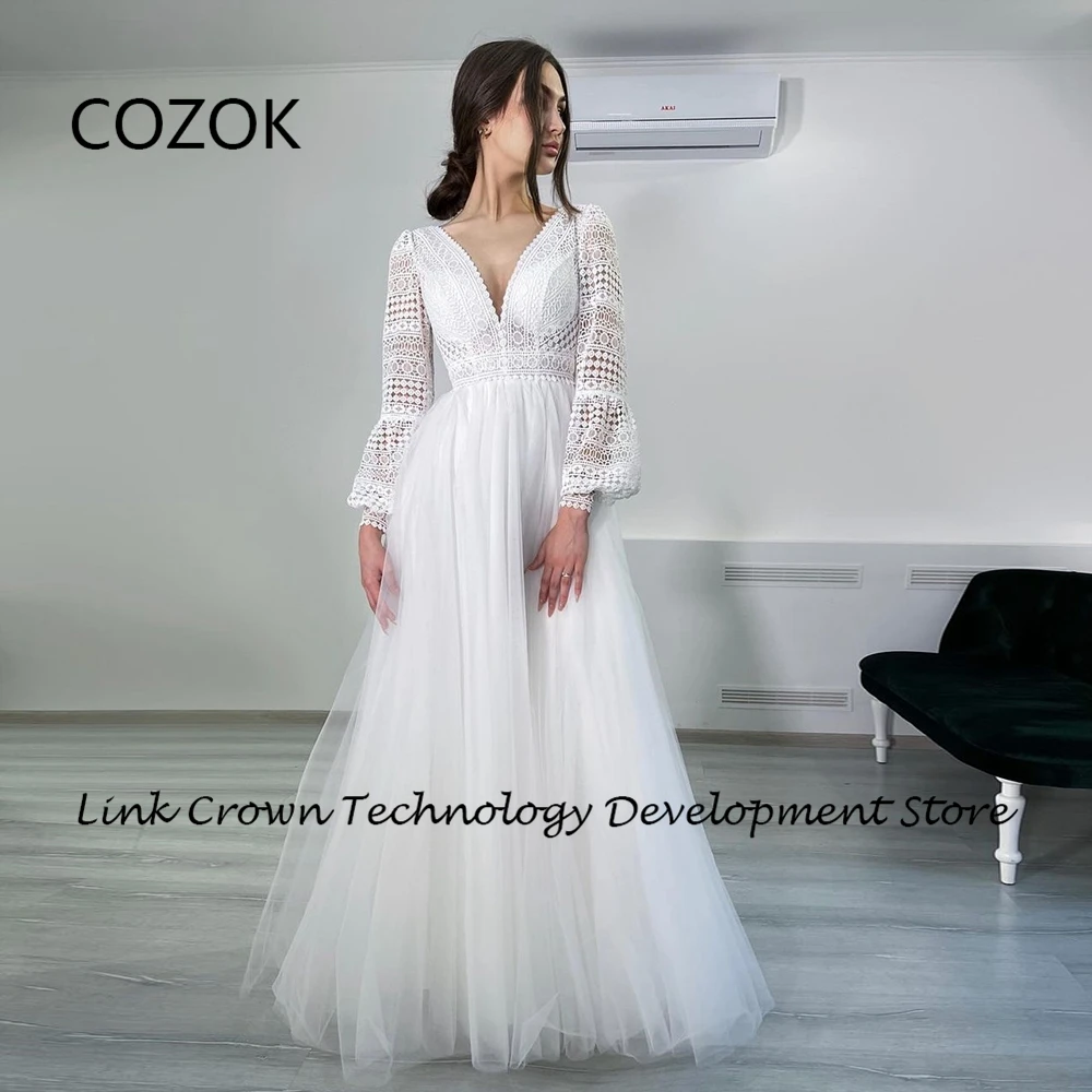 COZOK White Strapless Wedding Dresses with Lace Full Sleeve Bridal Gowns 2024 Soft Tulle Gorgeous Vestidos De Novia New Summer