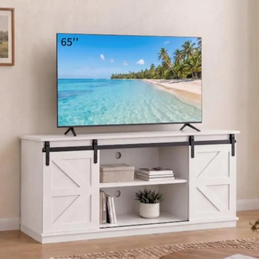 58'' Farmhouse TV Stand for Televisions up to 65 Inches, Entertainment Center with Sliding Barn Doors, White TV Consoles with A