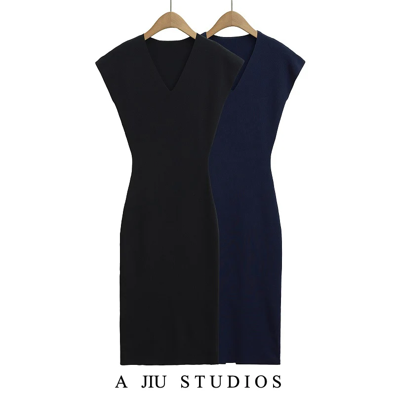 

Slim Fit V-Ne Knitted Dr Pure Desire Sle ort Sve Wrap around Long Dr Elastic Fabric Belted Waist High End Feeling