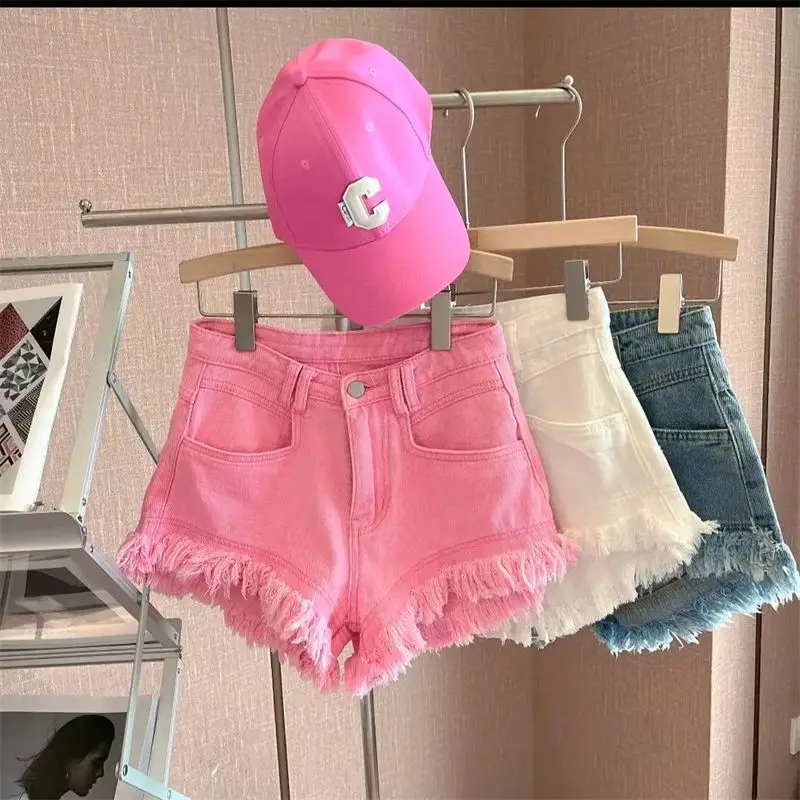 Short en jean taille haute avec pompon pour femme, jean coréen, trous déchirés, 4 couleurs, été, nouveau, 2024