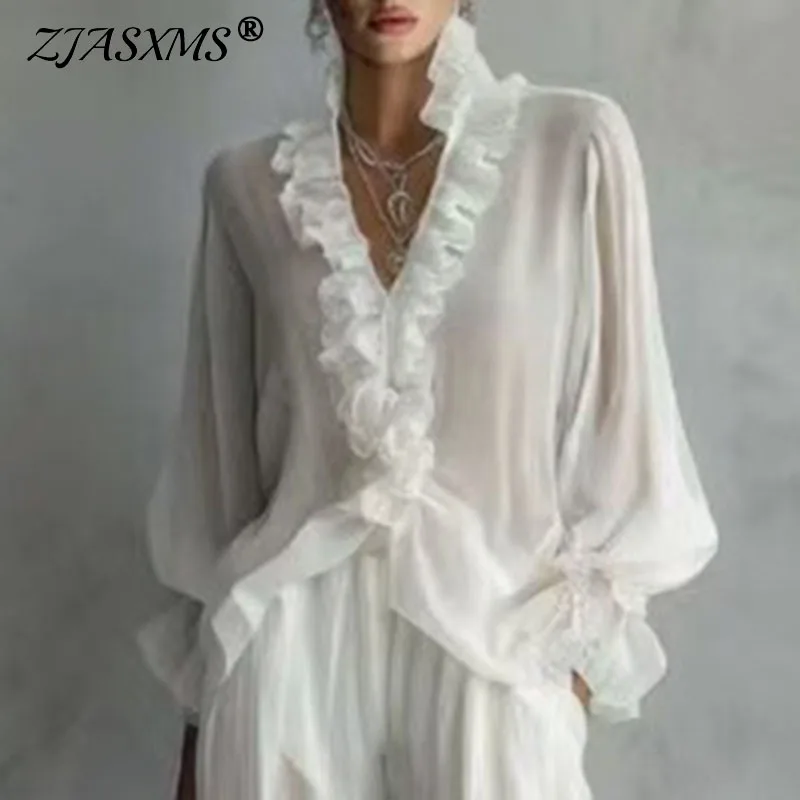 

Fashionable Ruffle Women's 2 Piece Set Spring Long Sleeve V Neck Top T-shirt Pocket High Waist Pants Outfit Summer Vacation Suit