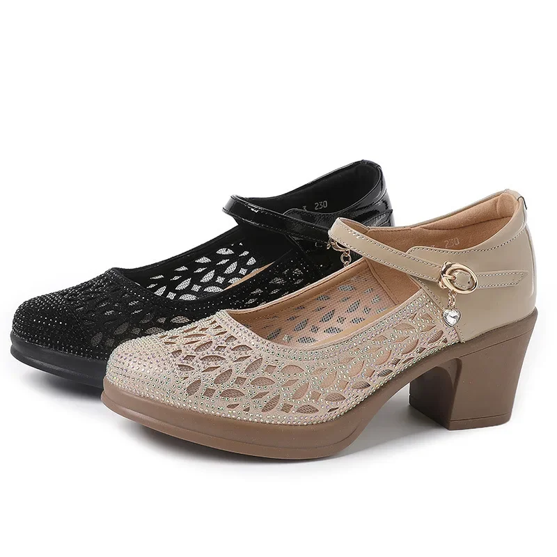 Size 34-43 Summer Mesh Medium Heel Hollow Hot Drilling Women's Sandals With Buckle Summer Shoes