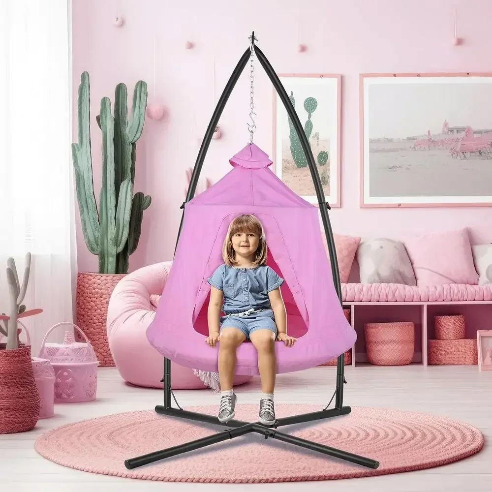 Portable Hammock with Tree Tent and Metal Swing Chair, Egg Basket Patio Seat with Adjustable Stand, Pink Porch Balcony Chair